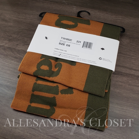 Timberland Hat Beanie & Scarf Set Wheat Grape Leaf Logo Jacquard Reversible Gift - Picture 3 of 4